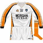 2008-09:
For league games against Cork in 2008 and '09, Armagh changed to white jerseys, even though in the latter the responsibility should have fallen to the Rebels. Basically a reversal of the orange jersey, it was first seen with long sleeves.