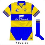 Come the championship an extra blue stripe was added on the shoulders. This jersey would receive much prominence as Clare ended the long wait for an All-Ireland senior title.