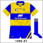 Another update, with the sleeves again the recipient of most change, along with the shorts, as Clare won a second All-Ireland in three years. The design on the sleeves was saffron and blue quarters.