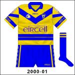 The introduction of this new jersey, to coincide with the addition of new sponsors Eircell, was a new departure for Clare, with the normal blue hoop lower than usual (and broken with a narrow saffron stripe) while a 'V' adorned the upper part of the body.