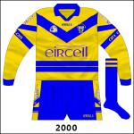 Long-sleeved variation. Clare had almost always had white numbers due to the blue hoop, but even though the surface for the number was now solid saffron this remained the case, making visibility difficult.
