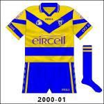 One change not long after the launch of the new jersey in 2000 came with the addition of blue and white stripes to the collar, though not the neck. The lower hoop was now solid blue too.