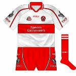 2005:
The mainly-red shirt remained the first choice for the early part of the '05 championship (causing a bad colour clash against Armagh), but white returned for the All-Ireland qualifier series.