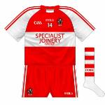 2014-:
Again, a plain switch, including the contrast sleeves. First used against Armagh (who also changed) in the Ó Fiaich Cup at the end of 2013.