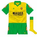1992-93:
Following the All-Ireland semi-final win over Mayo in a change kit, Donegal opted to continue in the new colour scheme or the final against Dublin. After claiming a first Sam Maguire, the change became permanent. Gold had been worn as a first choice or a while in the 1960s.
