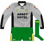 2004:
Grey change jersey used when Donegal wore green against Antrim, though not against the green-clad Fermanagh.