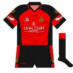 2004:
Another change to the collar, with the Gaelic Gear logo changed - different ones on the shirt and shorts, naturally. Inexplicably, the 'Hotel' part of the sponsor did not have a black outline.