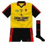 2009:
As usual, when the need arose, Down wore a version of their kit in the Ulster colours when coming up against a team they clashed with. Worn during the U21 campaign of 2009, when Down reached the final only to lose to Cork.