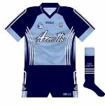 2007:
Dublin were seen in a brand-new kit for the 2007 season, featuring the three-stripe design that O'Neills were now using more prominently again. Navy socks were also seen on a Dubs strip for the first time since the 1980s.