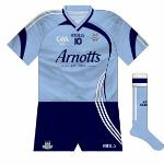 2009:
Sky blue socks returned as white featured almost as prominently as navy on this V-necked kit. The asymmetry gave this outfit a refreshing look, and it was a pity in many ways that it lasted for just a year due to the end of the Arnotts deal.
