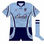 2000-02:
Dublin had by now settled into a two-year rotation for shirts, the only county to do so. This was another attractive offering. If one was to have any quibbles, it would be that the stripes reversed on the sleeves compared to the body and the short stripes didn't match either.