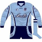 2000-02:
Long sleeves. One other unique feature was a little insert inside the 'v' of the collar, something only seen elsewhere on Armagh shirts.