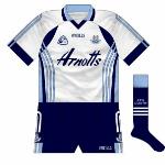 2007:
Throughout the lifetime of the kit introduced in 2007, white was seen far more often than navy on Dublin goalkeepers. Largely the same design as the sky blue jersey, it did not have the gradient effect on the sides of the body.
