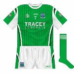 2008:
Come championship time, though the design was largely the same, Fermanagh were seen in tighter, round-necked shirts. The cut was also different, meaning that the white stopped at the sleeves.
