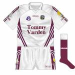 2007:
The new goalkeeper jersey was just a simple reversal of the maroon top, with the sleeves white for the first time in quite a while. Text of the county's name in Irish was also added to the socks for the first time.