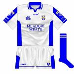 2003:
The third game to see Laois in white was a qualifier against Tipperary, differences from the previous version being longer panels and a change of neck. The Meadow Meats logo was also affixed the shirt on a sticker.