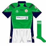 2007:
London returned to O'Neills, with navy again prominent. The Byrne Group, a construction company, were the new sponsors. As O'Neills could only use the three-stripe motif in Ireland, onl two were used here.
