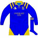 1998:
Long-sleeved version of the 1995 shirt, now including the Longford Arms wordmark, used in the drawn match and replay win against Wexford in the Leinster championship.