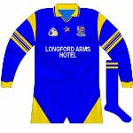 1996-97:
The Longford Arms Hotel came on board as sponsors and the county utilised another Connolly design, the same as that used by Clare in winning the 1995 hurling All-Ireland. Only ever worn in long-sleeved format as far as we can ascertain.