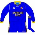 1999-2000:
Longford returned to O'Neills for the 1999 season and the long-sleeved jersey for league games was just a standard design. Worn when the 2000 O'Byrne Cup was won, the blue shorts still in situ despite white having come in for the championship in '99.