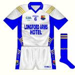 2009:
For the game with Wicklow, a slightly different white jersey to the 2007 model was utilised, featuring more blue panels.