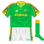 2001:
Brought in for the 2001 championship opener against Westmeath (the first of three meetings that year) was this nice new design. The stripe on the shorts broadly followed the sleeve details.