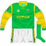 2001:
Meath played Westmeath three times in the '01 championship. The third of these was the All-Ireland quarter-final replay, a very wet day, so Meath wore long sleeves. The jerseys were the old design, but with green cuffs.