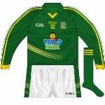 2013-:
Another change of sponsor meant a new shirt, with Tayto Park in Ashbourne taking over from the Comer Group. The first Meath jersey in a while to feature a collar, the checked pattern was unique to the county. First worn with long sleeves in early part of the year.