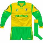 2000:
Gold version of new jersey, in long-sleeved format, worn against Kerry in the league semi-final with green shorts.