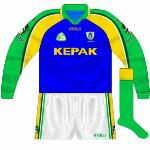 2001:
With gold worn against Kerry in the All-Ireland semi-final, a change of goalkeeper shirt was required. As usual, blue was the choice, with the sleeves the same as the outfield shirts.