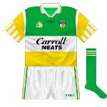 1997:
Odd variant with O'Neills written in black, worn against Kilkenny in Leinster championship. GAA logo and crest moved downwards again.

