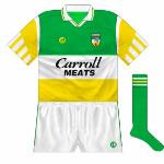 1994:
Like many counties, Offaly began using O'Neills' 'Páirc' design in the summer of 1994. This first version, with a gold Guaranteed Irish logo, was used in the Leinster SHC final.