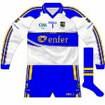 2009:
The white goalkeeper's shirt was now paired with a new pair of blue shorts which featured the same trimmings as the white ones. Change to GAA logo too.