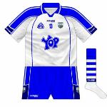 2008:
While the previous jersey had been worn in the early part of the year, Azzurri released a brand-new design for Waterford in 2008, with navy more prominent than it had been while the mainly blue sleeves featured two white stripes.