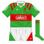 1993-94:
Mayo changed from O'Neills to Connolly at the start of 1993. The Galway company provided them with one of their widely-used templates, while the Univet logo now featured.