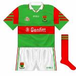 1996:
A change in shorts design, with the county crest now featured alongside green and red stripes on the side.