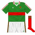 1989:
Nothing spectacular about this style, worn as the county retained the Connacht title The white trim helped the break up the green and red nicely.