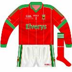 2009:
While red was superseded by white with the launch of the new kit, this jersey was occasionally used. The text below the GAA logo read 'ESB GAA Football All-Ireland Minor Championship Final 2008'.