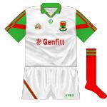 1995:
Mayo advanced to the All-Ireland U21 football final, where they met Kerry. This white jersey was worn in the first, drawn, game and in the replay too with Kerry wearing green and gold again.