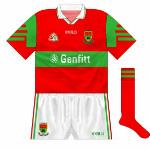 1997:
Another provincial meting with Leitrim resulted in a change. Mayo donned a red version of the new O'Neills strip, the green and red switching though the collar was the same.